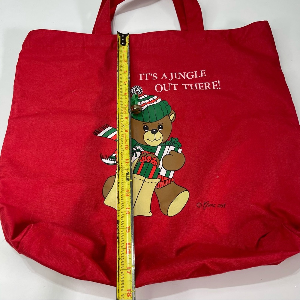 Vintage Christmas 1988 Winter Teddy Bear Red Canvas Tote Bag Jingle Bell  17x18' - Picture 4 of 10